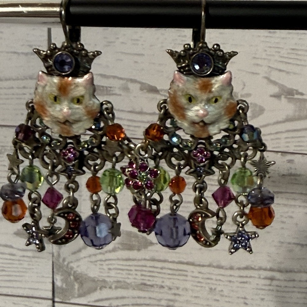 Kirks Folly Royal Tabby Cat Enamel Earrings Leverback Celestial Moon Chandelier